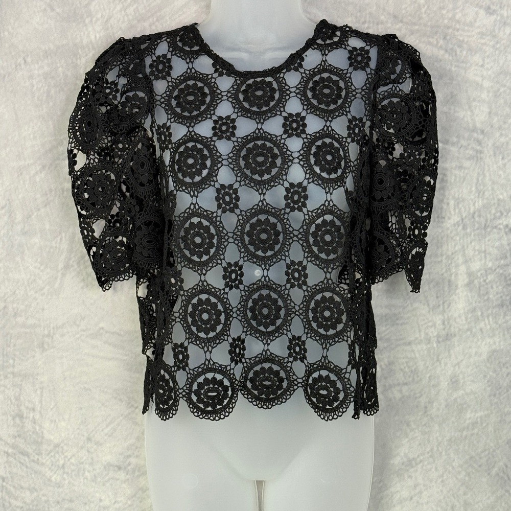 Black Crochet Lace Boho Puff Sleeve Top sz S Whimsigoth Gottic Dark Fairy Grunge